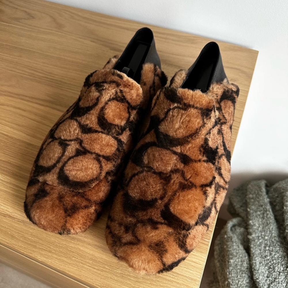 Coach fur slippers with monogram